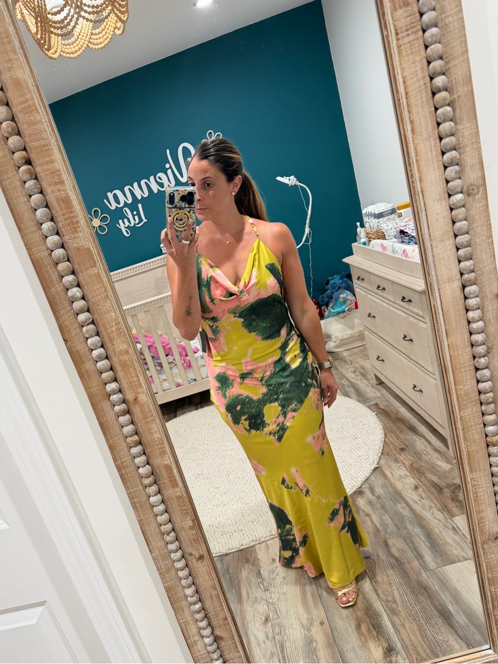 NWT JLUXLABEL Beaded Back Satin Floral Slip Maxi Dress in Chartreuse